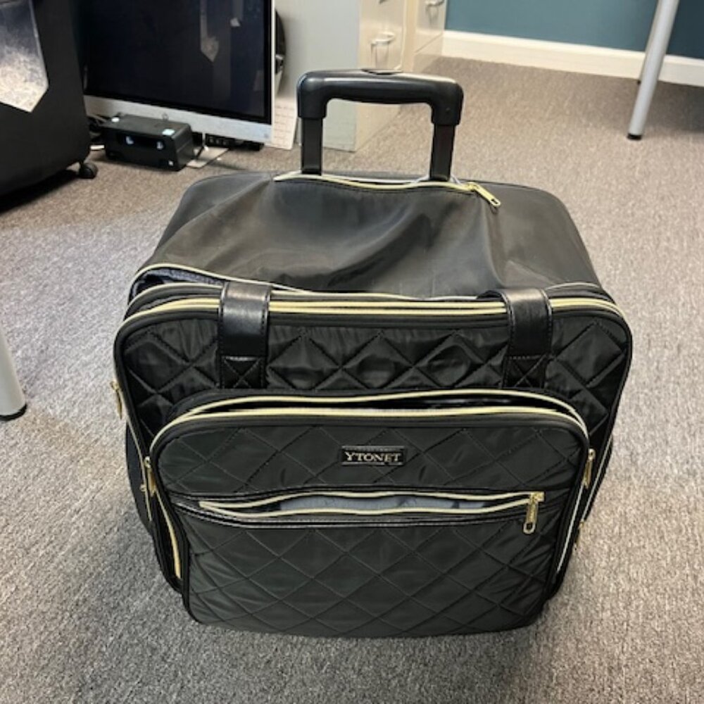 Black Quilted Rolling Carry-On with Gold Trim